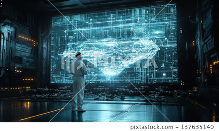 Confident man in a white suit standing against a vibrant large screen displaying colorful graphics. 137635140