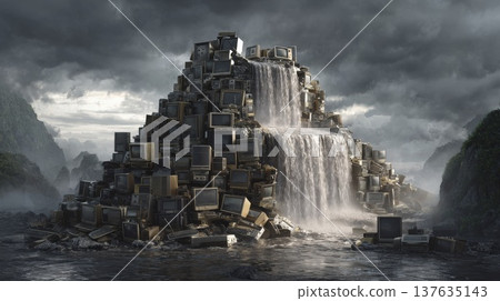 A Majestic Waterfall Cascades Down into a Mountain Made Entirely of Old Televisions and Electronics A Majestic Waterfall Cascades Down into a Mountain Made Entirely of Old Televisions and Electronics 137635143