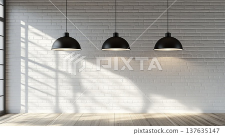 Elegant Trio of Black Lamps Hanging Against a Rustic White Brick Wall in a Contemporary Setting Elegant Trio of Black Lamps Hanging Against a Rustic White Brick Wall in a Contemporary Setting 137635147