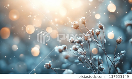 Snow Covered Plant Glowing Under Bright Light, Creating a Magical Winter Wonderland Atmosphere 137635149
