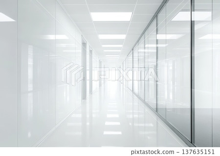 Bright and Spacious Long Hallway with Glass Walls and Sleek White Flooring for Modern Architectural Design Bright and Spacious Long Hallway with Glass Walls and Sleek White Flooring for Modern Architectural Design 137635151