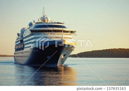 Majestic cruise ship gliding gracefully through the shimmering ocean under a clear blue sky Majestic cruise ship gliding gracefully through the shimmering ocean under a clear blue sky 137635163