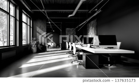 Modern Workspace Featuring Two Sleek Computers on a Minimalist Desk in a Black and White Aesthetic 137635173