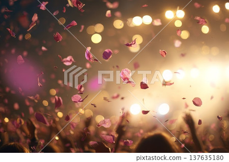 Enthralling concert atmosphere as a vibrant crowd sways with petals gracefully falling around them. 137635180