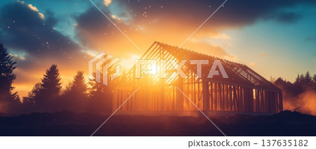 Beautiful house under construction during a stunning sunset, showcasing vibrant colors and a peaceful atmosphere. 137635182