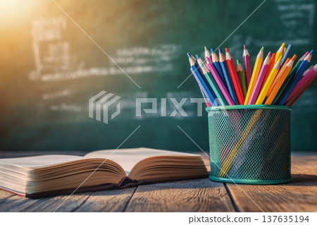 A Vibrant Collection of Colored Pencils Next to an Open Book on a Cozy Wooden Table A Vibrant Collection of Colored Pencils Next to an Open Book on a Cozy Wooden Table 137635194