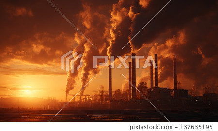 Captivating Sunset Over Industrial Factory with Smoke Stacks and Vibrant Sky Colors Captivating Sunset Over Industrial Factory with Smoke Stacks and Vibrant Sky Colors 137635195