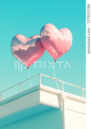 Romantic balcony setting featuring two heart shaped balloons gently swaying in the soft golden light of sunset. 137635196