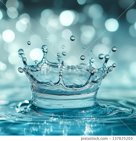 Captivating Water Droplet Splashing on a Pristine Blue Surface Under Soft Natural Lighting Conditions 137635203