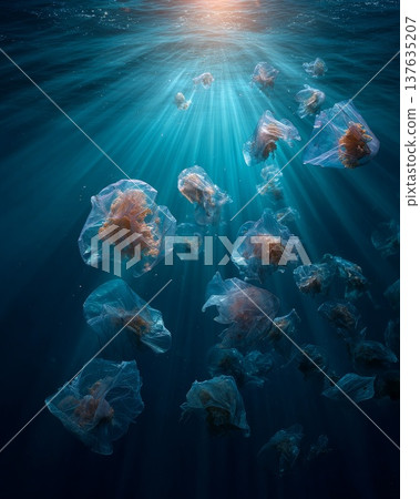 Ethereal Jellyfish Gliding Gracefully Through the Tranquil Depths of the Ocean, Creating a Mesmerizing Underwater Scene 137635207