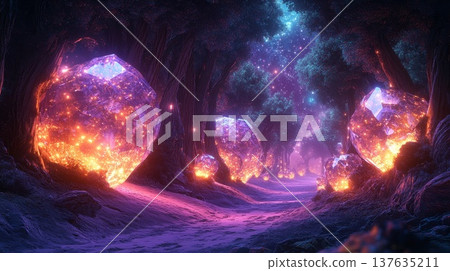 Enchanted Forest with Glowing Rocks and Luminescent Trees Under a Starlit Sky for Fantasy Lovers Enchanted Forest with Glowing Rocks and Luminescent Trees Under a Starlit Sky for Fantasy Lovers 137635211
