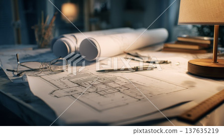 Elegant workspace featuring a stylish lamp, reading glasses, and detailed blueprints on a polished table. Elegant workspace featuring a stylish lamp, reading glasses, and detailed blueprints on a polished table. 137635219