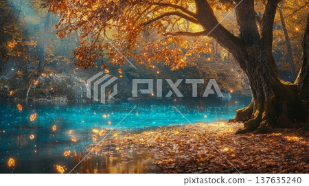 Gorgeous Autumn Reflection Over a Serene Lake Surrounded by Vibrant Trees and Golden Sunlight Gorgeous Autumn Reflection Over a Serene Lake Surrounded by Vibrant Trees and Golden Sunlight 137635240