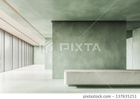 Luxurious bathroom featuring a stunning concrete bathtub complemented by a vibrant green wall for a serene atmosphere. Luxurious bathroom featuring a stunning concrete bathtub complemented by a vibrant green wall for a serene atmosphere. 137635251