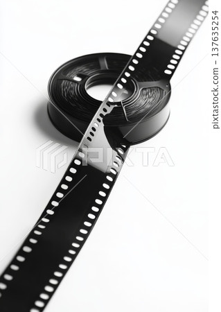 Vintage Roll of Film Surrounded by Black and White Photo Strip on a Wooden Table 137635254