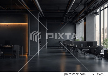 Spacious Modern Office Featuring a Large Desk and Comfortable Chairs for Collaborative Work and Meetings 137635255