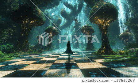 Majestic forest path illuminated by sunlight, where a solitary figure walks among towering ancient trees 137635267