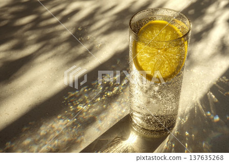 Refreshing Glass of Water with a Vibrant Slice of Lemon Perfectly Placed on the Rim 137635268