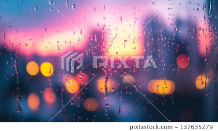 Rain Drenched Window Reflecting Vibrant City Lights at Night, Creating a Cozy Urban Atmosphere 137635279