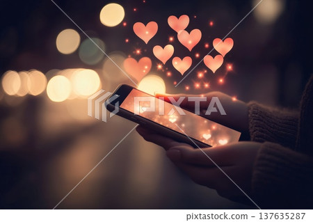 Person Holding a Smartphone with Colorful Hearts Materializing from the Screen in a Romantic Setting 137635287