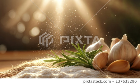 A rustic wooden table adorned with fresh garlic and sprinkled sea salt creating a delightful culinary atmosphere. A rustic wooden table adorned with fresh garlic and sprinkled sea salt creating a delightful culinary atmosphere. 137635290