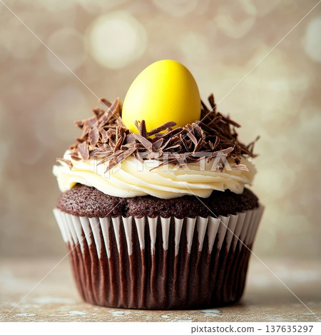Delightful cupcake topped with a bright yellow egg, perfect for springtime celebrations and festive occasions. Delightful cupcake topped with a bright yellow egg, perfect for springtime celebrations and festive occasions. 137635297