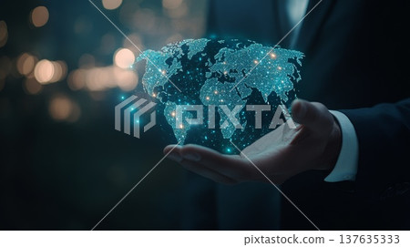 Businessman in Suit Holding a Glowing Globe, Symbolizing Global Connectivity and Innovation in Modern Enterprises Businessman in Suit Holding a Glowing Globe, Symbolizing Global Connectivity and Innovation in Modern Enterprises 137635333
