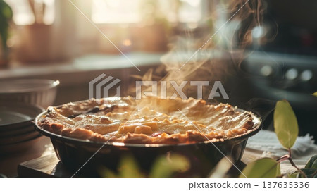 Freshly Baked Apple Pie with Steam Rising, Golden Crust, and a Cozy Kitchen Background Freshly Baked Apple Pie with Steam Rising, Golden Crust, and a Cozy Kitchen Background 137635336