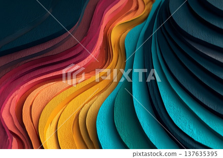 Abstract 3d gradient of periwinkle, marigold, plum and turquoise colors with wavy lines, dark background Abstract 3d gradient of periwinkle, marigold, plum and turquoise colors with wavy lines, dark background 137635395