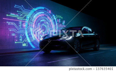 Modern car on a neon glowing background Modern car on a neon glowing background 137635401