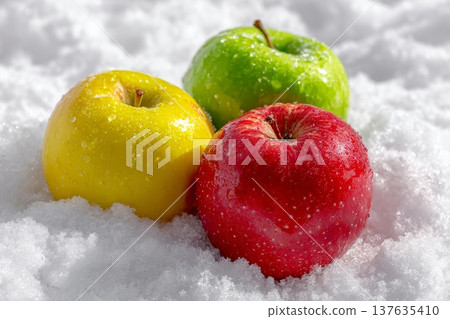 Beautiful red, yellow and green apples on white snow 137635410