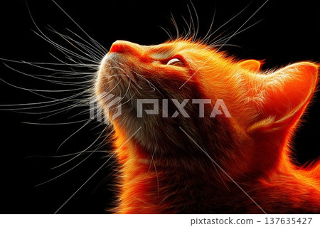 Fire cat profile with flame backlight, dark background Fire cat profile with flame backlight, dark background 137635427