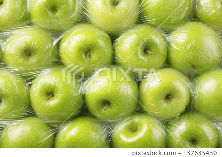 Fresh green apples packed under film, close-up Fresh green apples packed under film, close-up 137635430