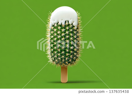 Ice cream covered in white icing on a stick, covered in spikes like a cactus, green background Ice cream covered in white icing on a stick, covered in spikes like a cactus, green background 137635438