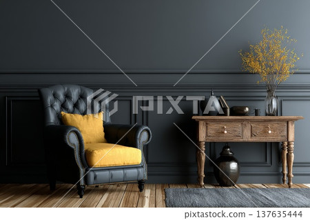 Modern luxury living room interior with black walls, armchair and wooden console Modern luxury living room interior with black walls, armchair and wooden console 137635444