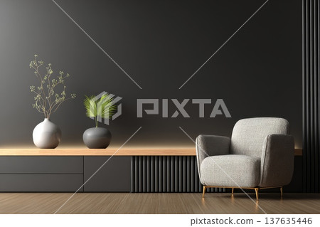 Modern luxury living room interior with black walls, armchair and wooden console 137635446