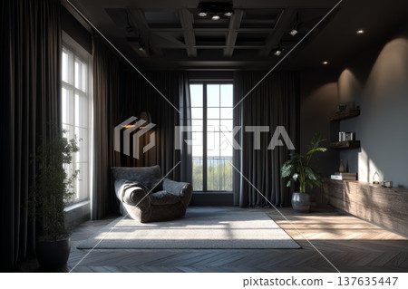 Modern luxury living room interior with black walls, armchair and wooden console 137635447