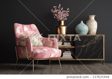 Modern luxury living room interior with black walls, armchair and wooden console Modern luxury living room interior with black walls, armchair and wooden console 137635448