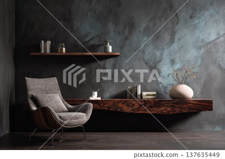 Modern luxury living room interior with black walls, armchair and wooden console 137635449