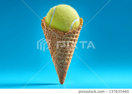 Tennis ball instead of ice cream in a waffle cone, light blue background Tennis ball instead of ice cream in a waffle cone, light blue background 137635460