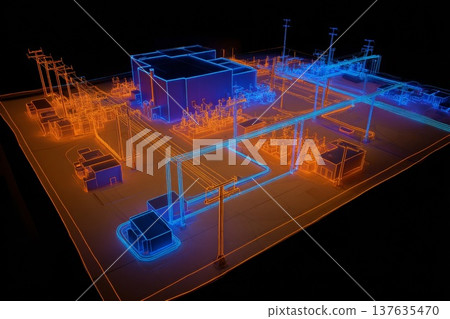 3D industrial model with blue and orange neon building outlines and power lines on a dark background. 137635470