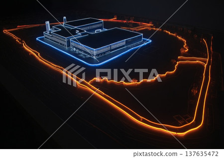 3D industrial model with blue and orange neon building outlines and power lines on a dark background. 137635472