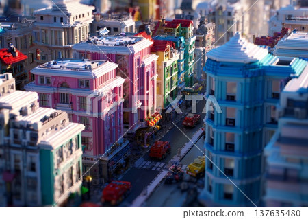 A city with houses, streets, and cars stylized like Lego bricks A city with houses, streets, and cars stylized like Lego bricks 137635480