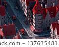 A city with houses, streets, and cars stylized like Lego bricks 137635481