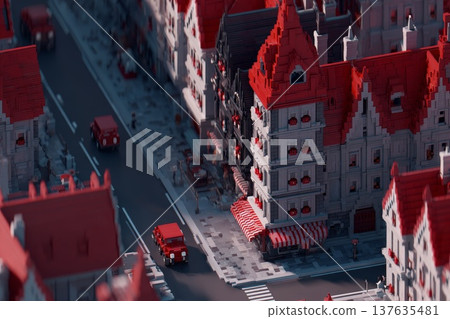 A city with houses, streets, and cars stylized like Lego bricks A city with houses, streets, and cars stylized like Lego bricks 137635481