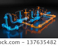 A 3D glowing model of a pipeline system featuring vibrant blue and orange neon light highlights. 137635482