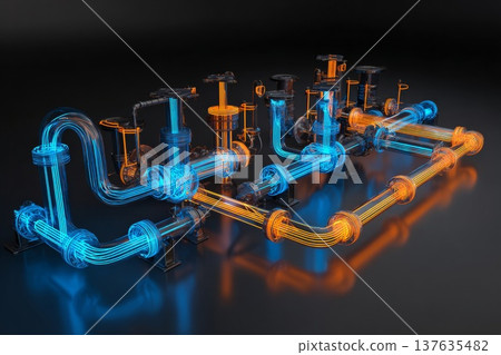 A 3D glowing model of a pipeline system featuring vibrant blue and orange neon light highlights. 137635482