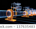 A 3D glowing model of a pipeline system featuring vibrant blue and orange neon light highlights. 137635483