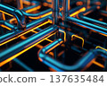 A 3D glowing model of a pipeline system featuring vibrant blue and orange neon light highlights. 137635484