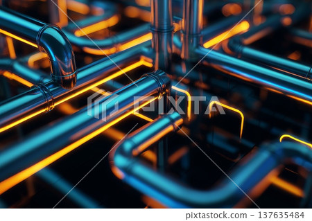 A 3D glowing model of a pipeline system featuring vibrant blue and orange neon light highlights. 137635484
